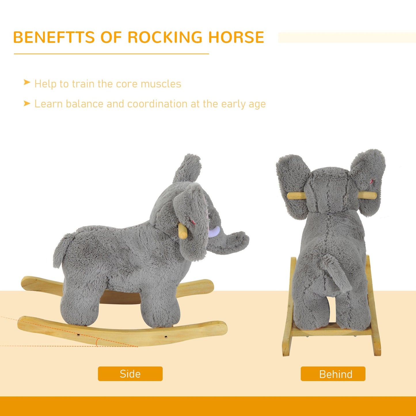 61L x 23W x 43H cm Kids Plush Ride On Cute Elephant design-Grey