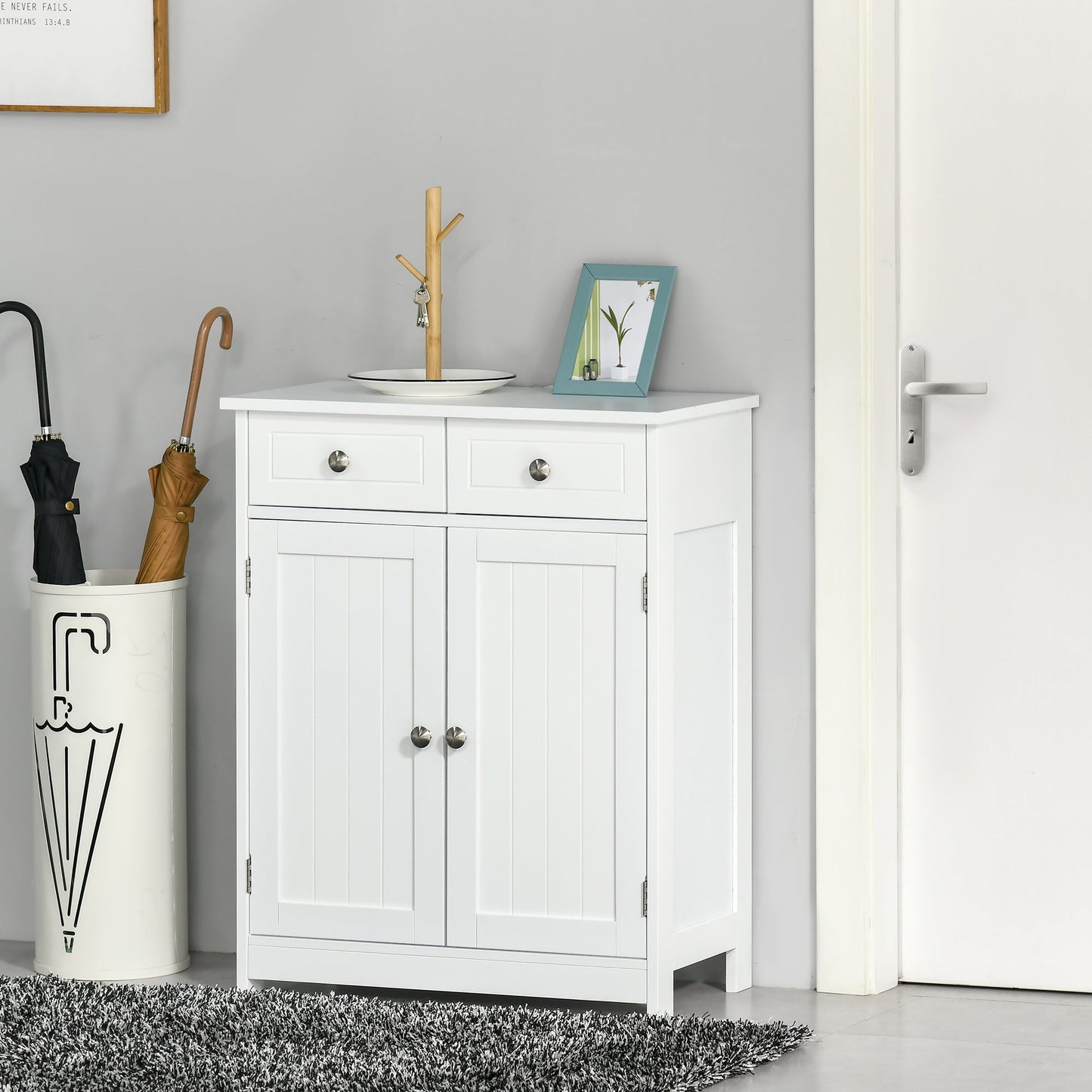 kleankin 75x60cm Freestanding Bathroom Storage Cabinet Unit w/ 2 Drawers Cupboard Adjustable Shelf Metal Handles Traditional Style White