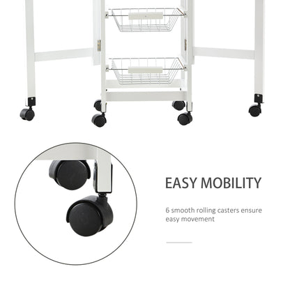 Homcom Drop-Leaf Kitchen Cart Trolley w/ 3 Baskets Drawer Surface Top 6 Universal Wheels Rolling Storage Unit Kitchen Home Dining Island White Oak Tone