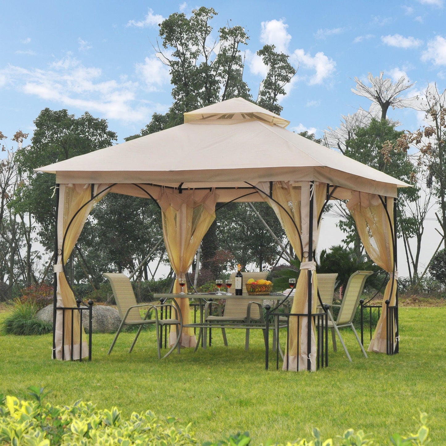 3 x 3M Garden Gazebo Patio Party Tent Shelter Outdoor Canopy Double Tier Sun Shade Metal Frame Netting Beige