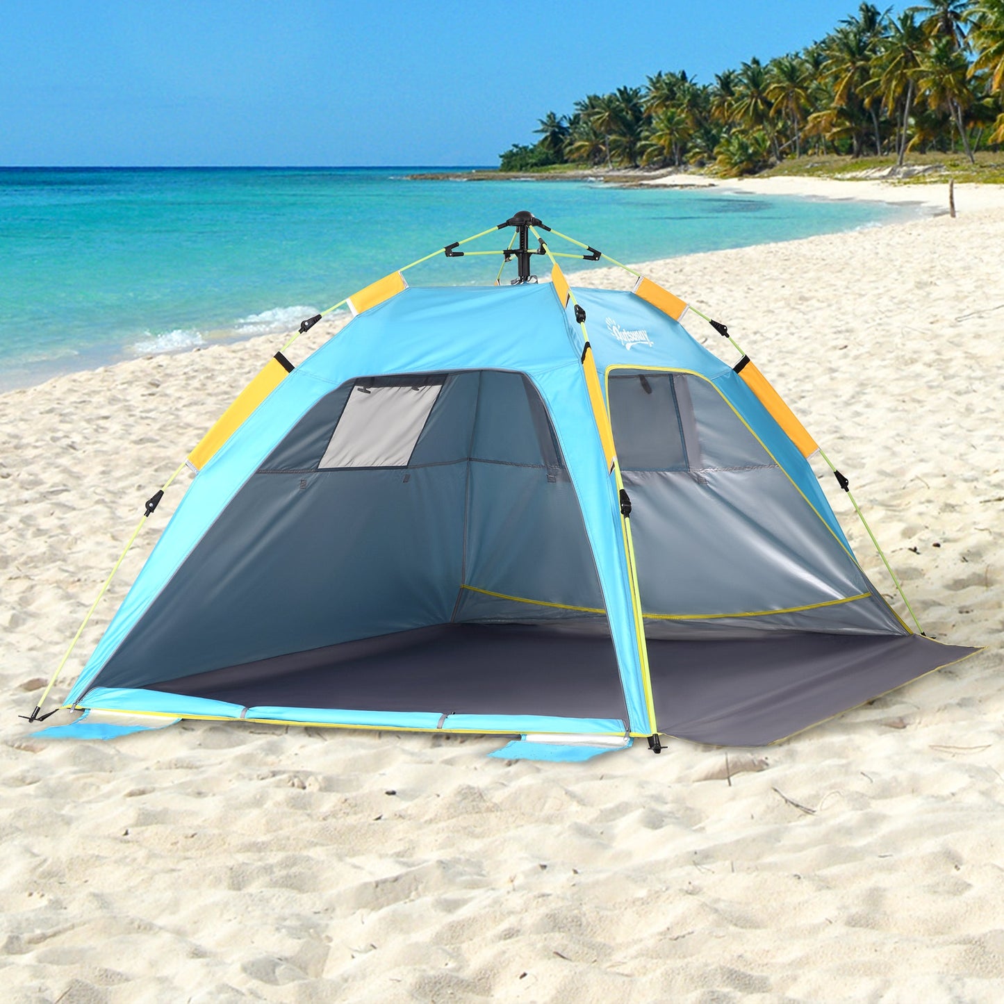 2 Man Pop-up Beach Tent Sun Shade Shelter Hut w/ Windows Doors Hook Sandbags UV Protection Waterproof Outdoor Adventure Garden Light Blue