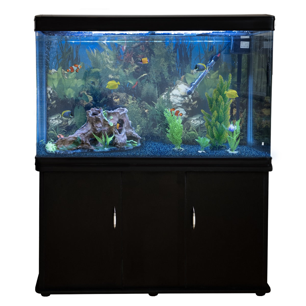 Aquarium Fish Tank & Cabinet with Complete Starter Kit - Black Tank & Blue Gravel - EU Plug