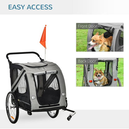 PawHut 2-In-1 Pet Bike Trailer Dog Stroller Pushchair with Universal Wheel Reflector Flag Grey