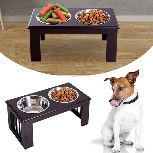 PawHut Stainless Steel Raised Dog Feeding Bowls with Stand for Small Medium Dogs Elevated Twin Pet Bowls Water Food Feeder 58.4L x 30.5W x 25.4H cm - Brown