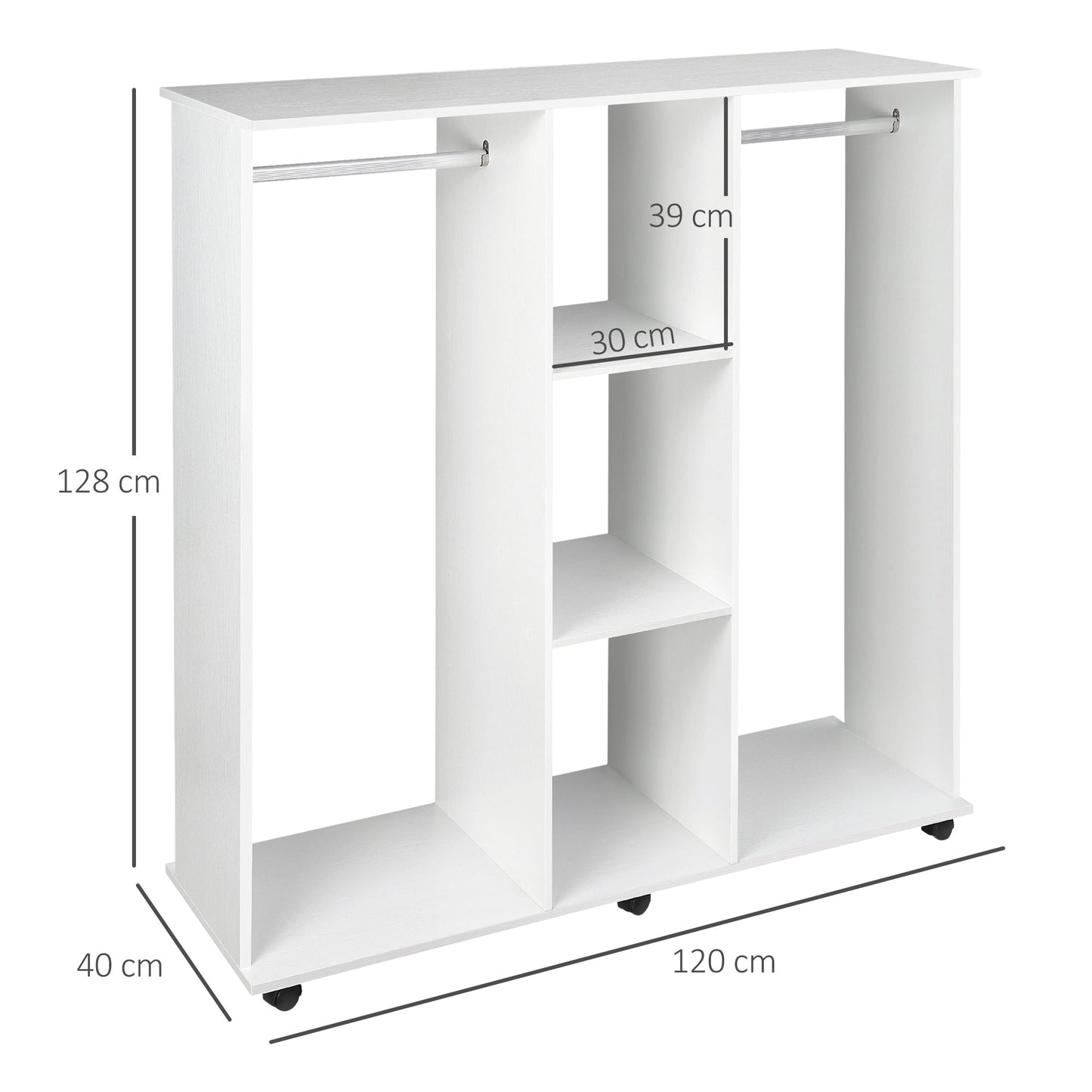 Open Wardrobe Double Mobile Storage Shelves Organizer W/6 Wheels-White