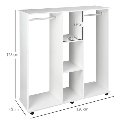 Open Wardrobe Double Mobile Storage Shelves Organizer W/6 Wheels-White