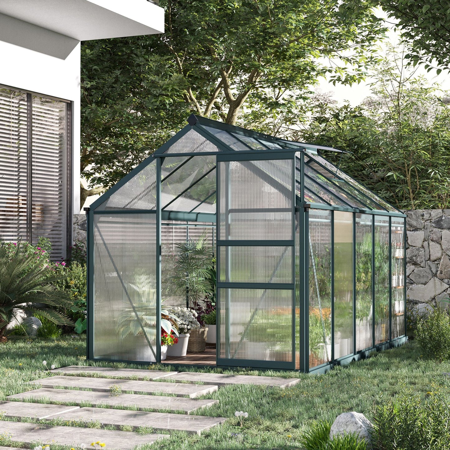 Outsunny Clear Polycarbonate Greenhouse Large Walk-In Green House Garden Plants Grow Galvanized Base Aluminium Frame W/ Slide Door (6 X 10Ft)