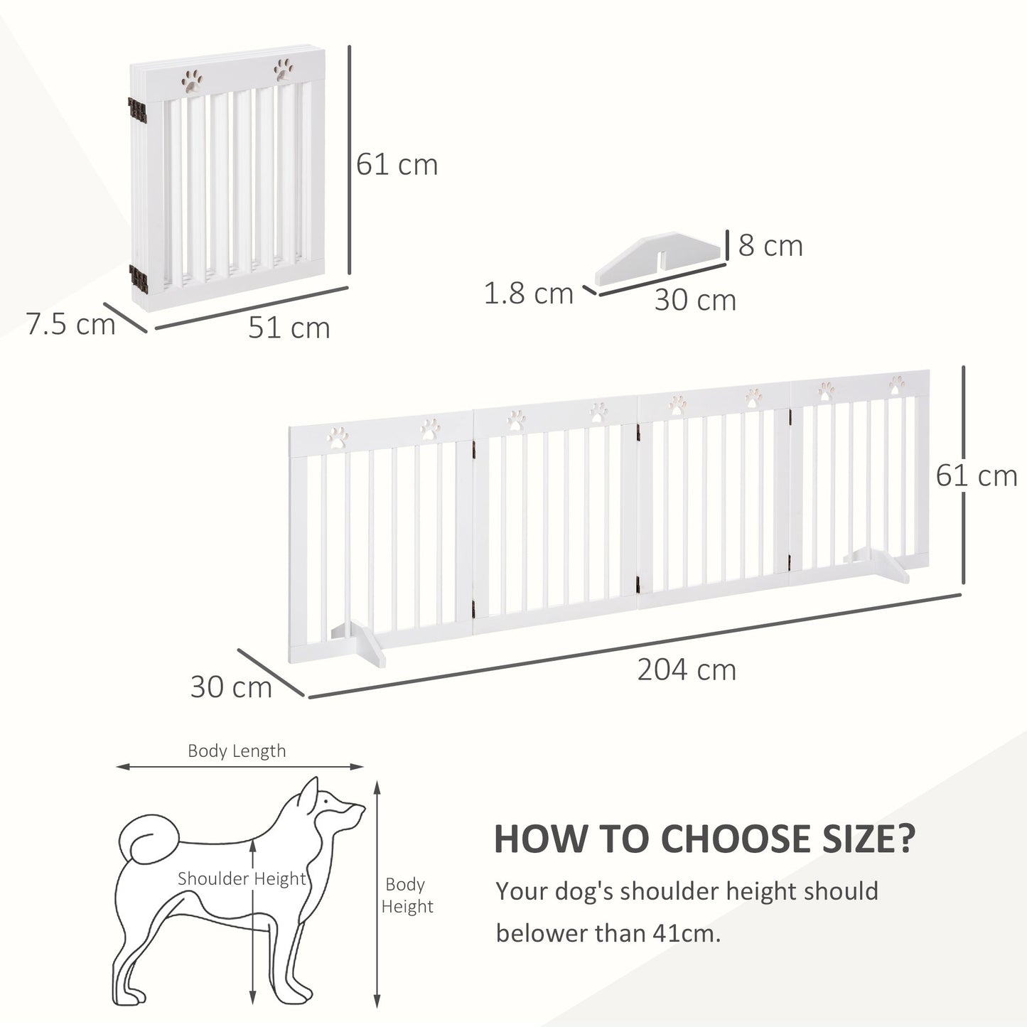 Pawhut Freestanding Pet Gate 4 Panel Wooden Dog Barrier Folding Safety Fence With Support Feet Up To 204cm Long 61cm Tall For Doorway Stairs White