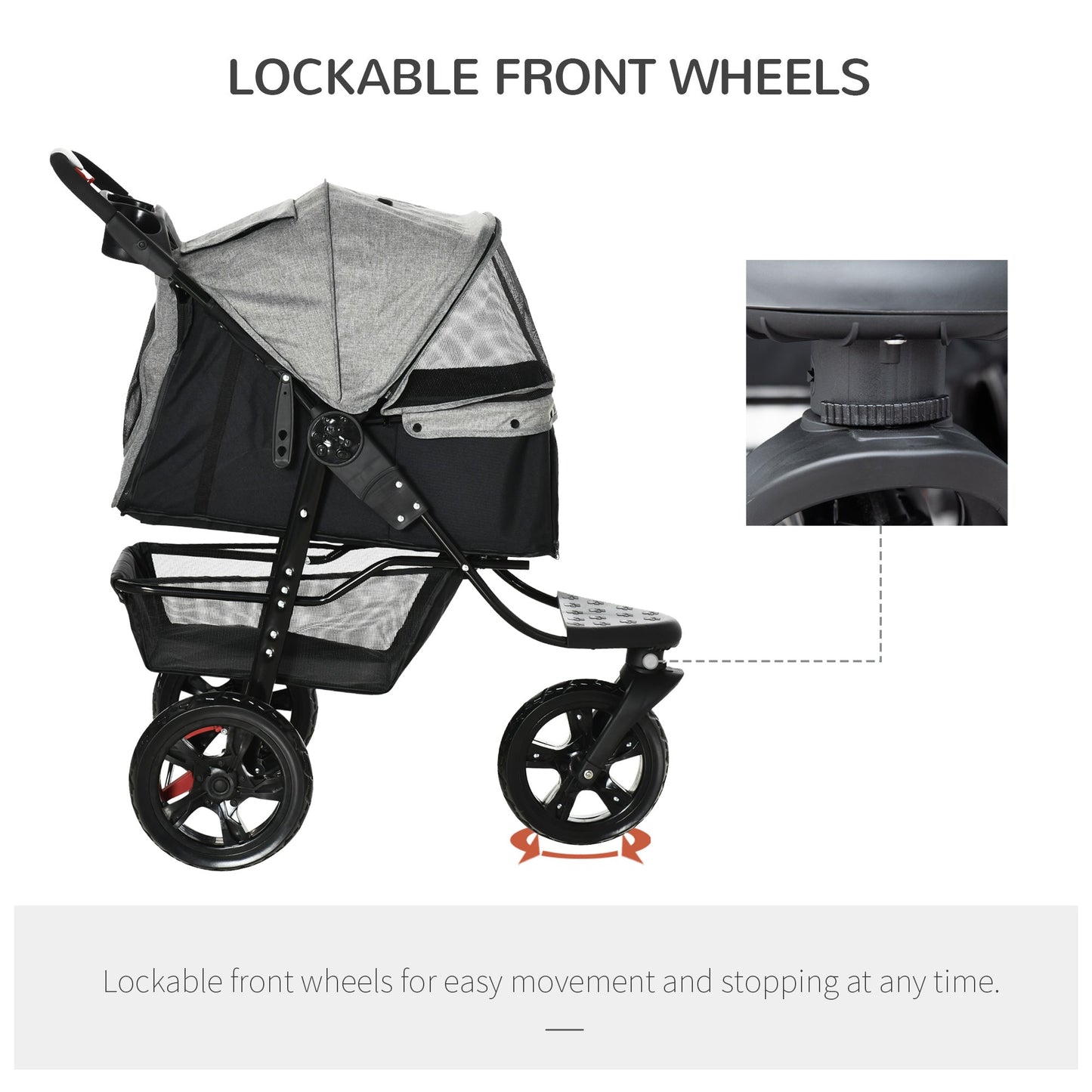 PawHut Folding 3 Wheel Pet Stroller Pushchair Travel w/ Adjustable Canopy Storage Brake Grey