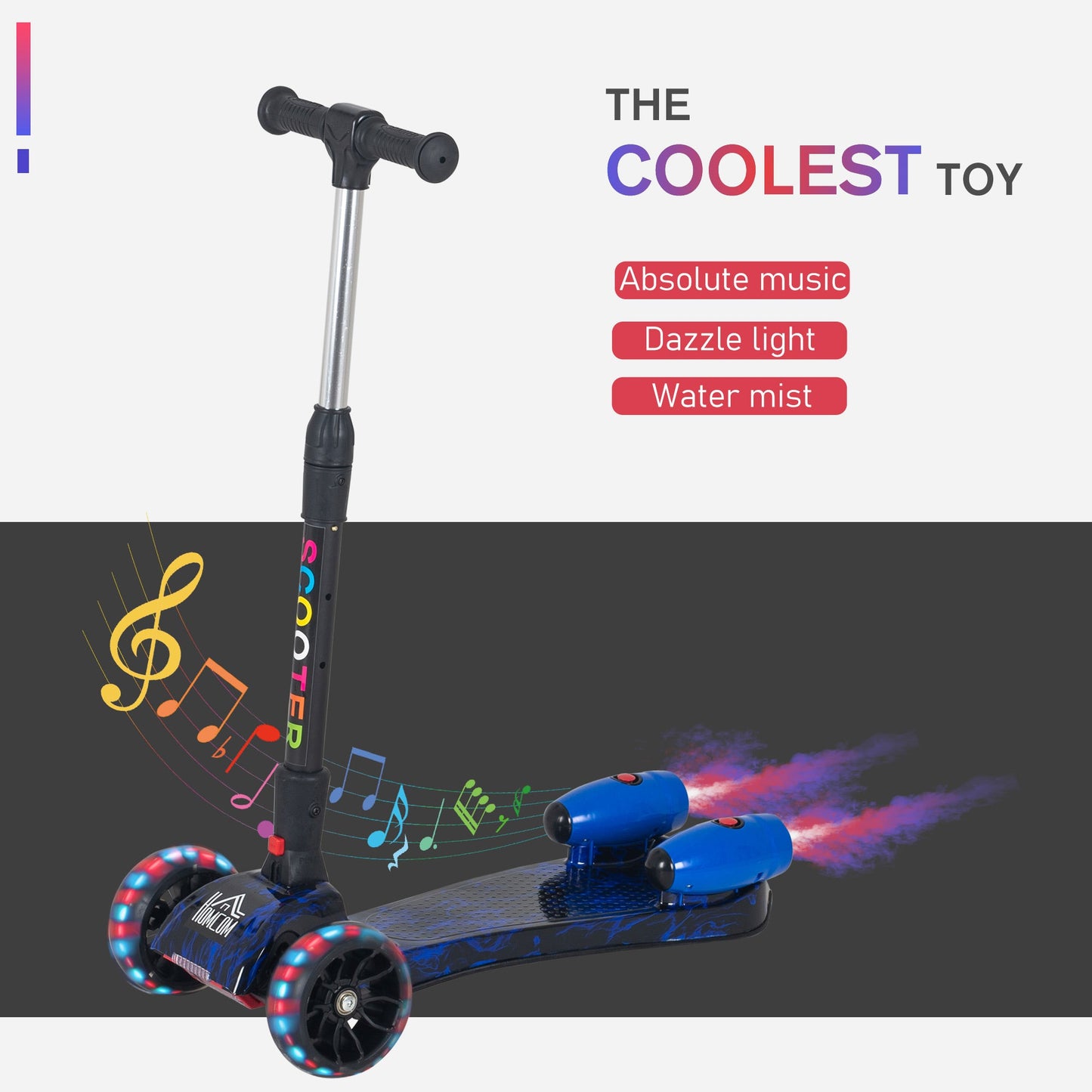 Scooter for Kids Toddler 3 Wheel Adjustable Height w/ Flashing Wheels Music Water Spray Foldable Kick Scooter for Boys and Girls 3 - 6 Yrs Blue