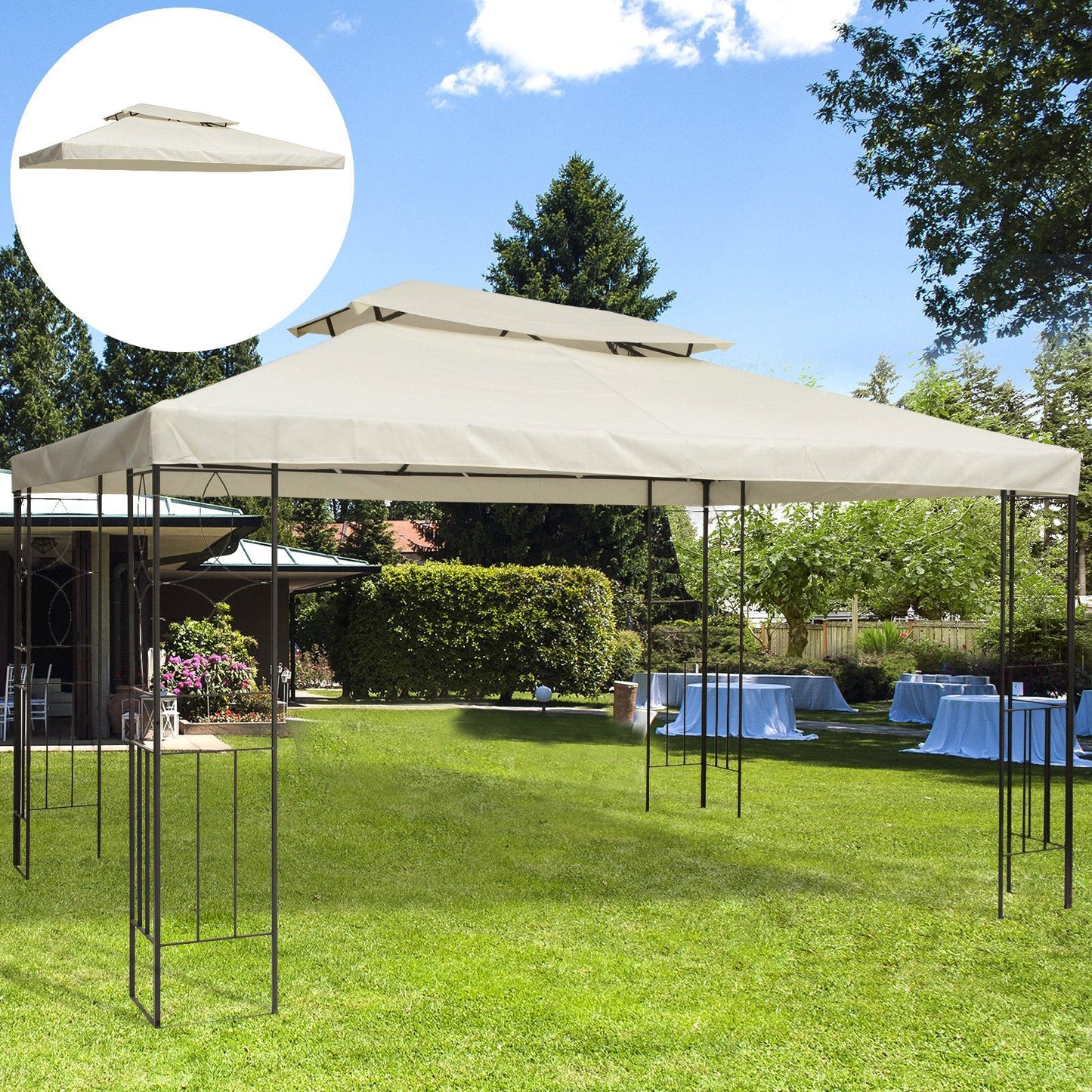 3x4m Gazebo Replacement Roof Canopy 2 Tier Top UV Cover Garden Patio Outdoor Sun Awning Shelters Cream TOP COVER ONLY