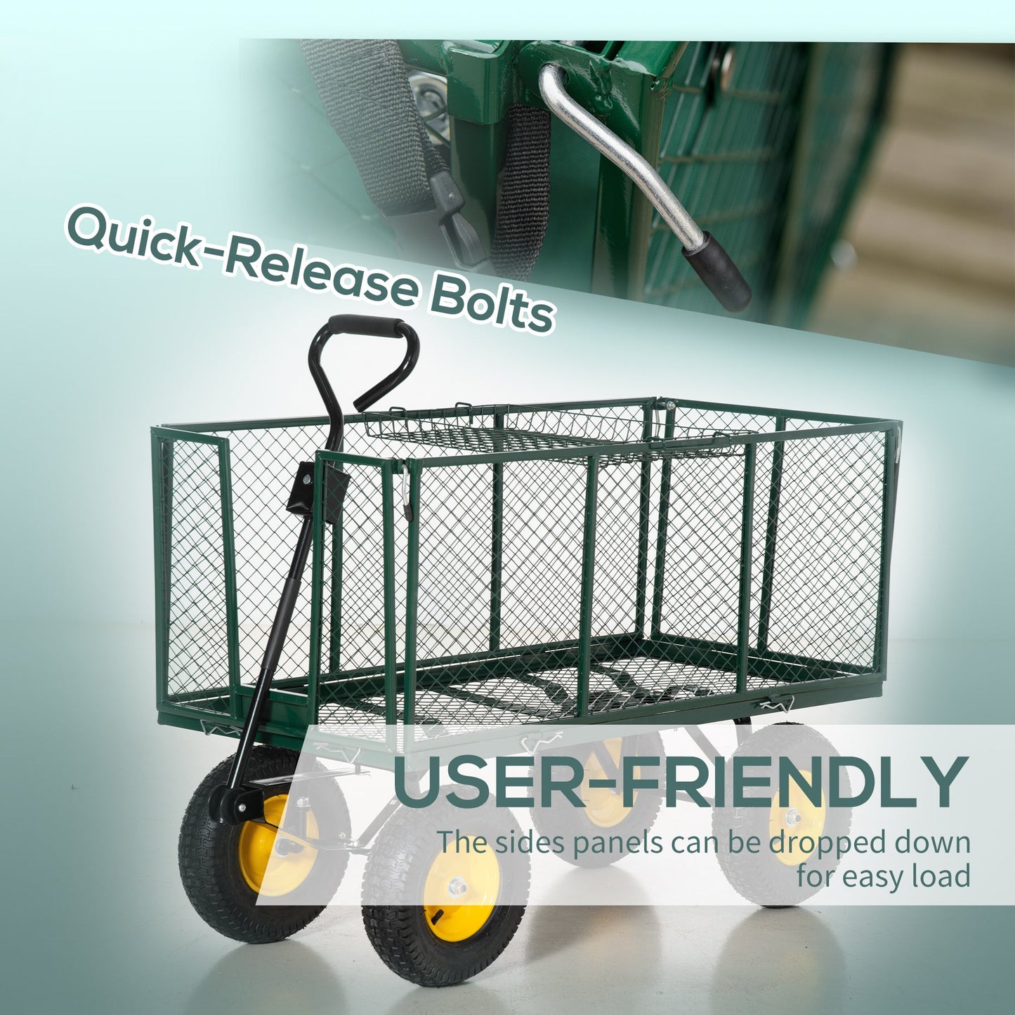 Large 4 Wheel Heavy Duty Garden Cart Truck Trolley Wheelbarrow with Handle and Metal Frame - Green