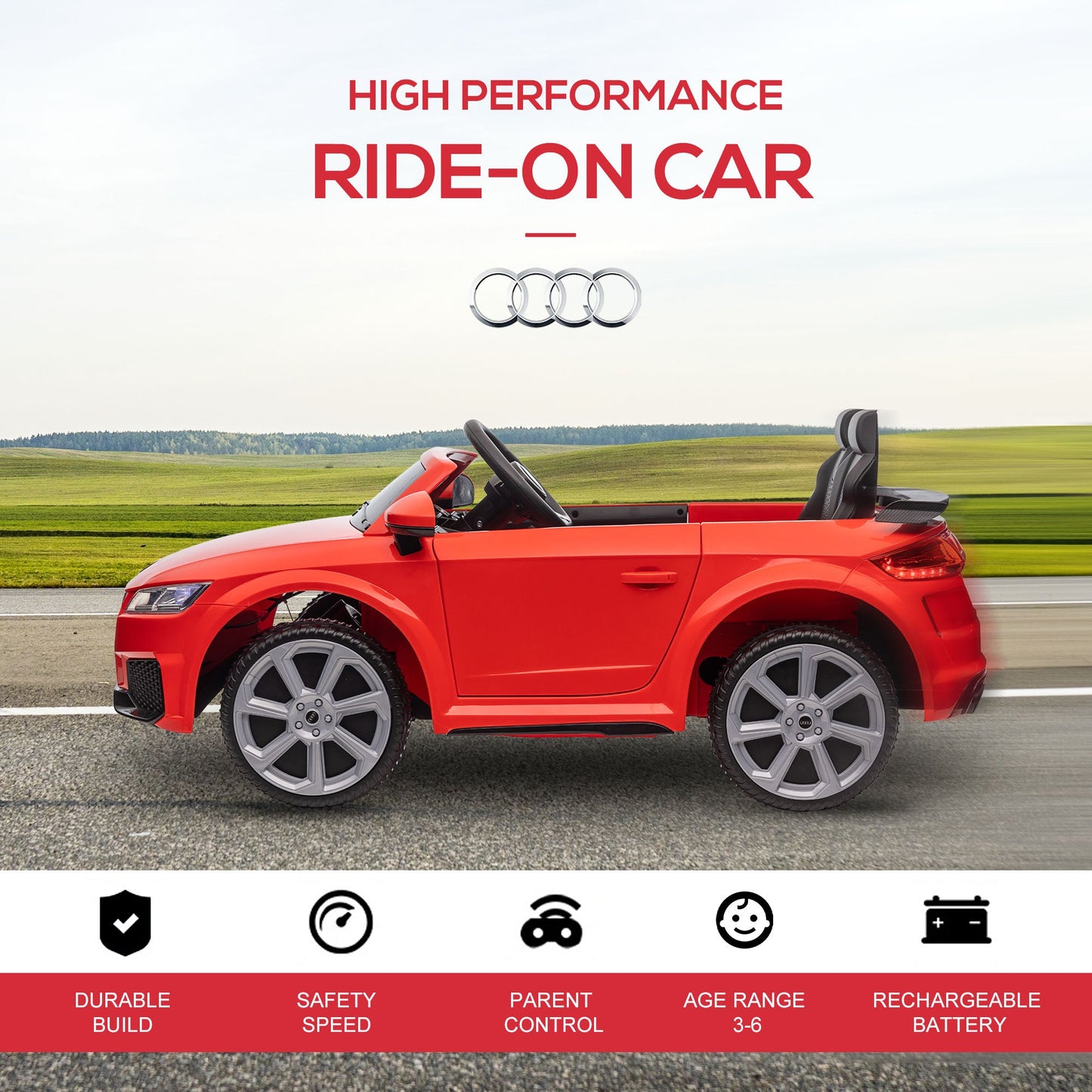 Kids Licensed Audi TT Ride-On Car 12V Battery w/ Remote Suspension Headlights and MP3 Player 2.5-5km/h Red