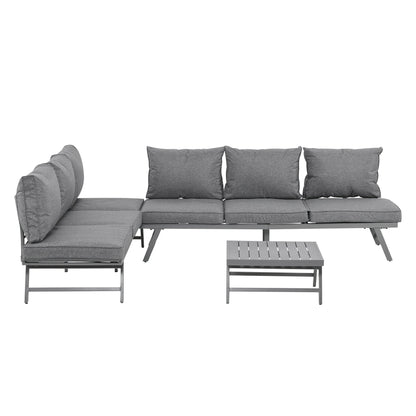 3-Piece Garden Seating Set w/ Convertible Sofa Lounge Table Padded Cushions Outdoor Patio Furniture Couch Grey