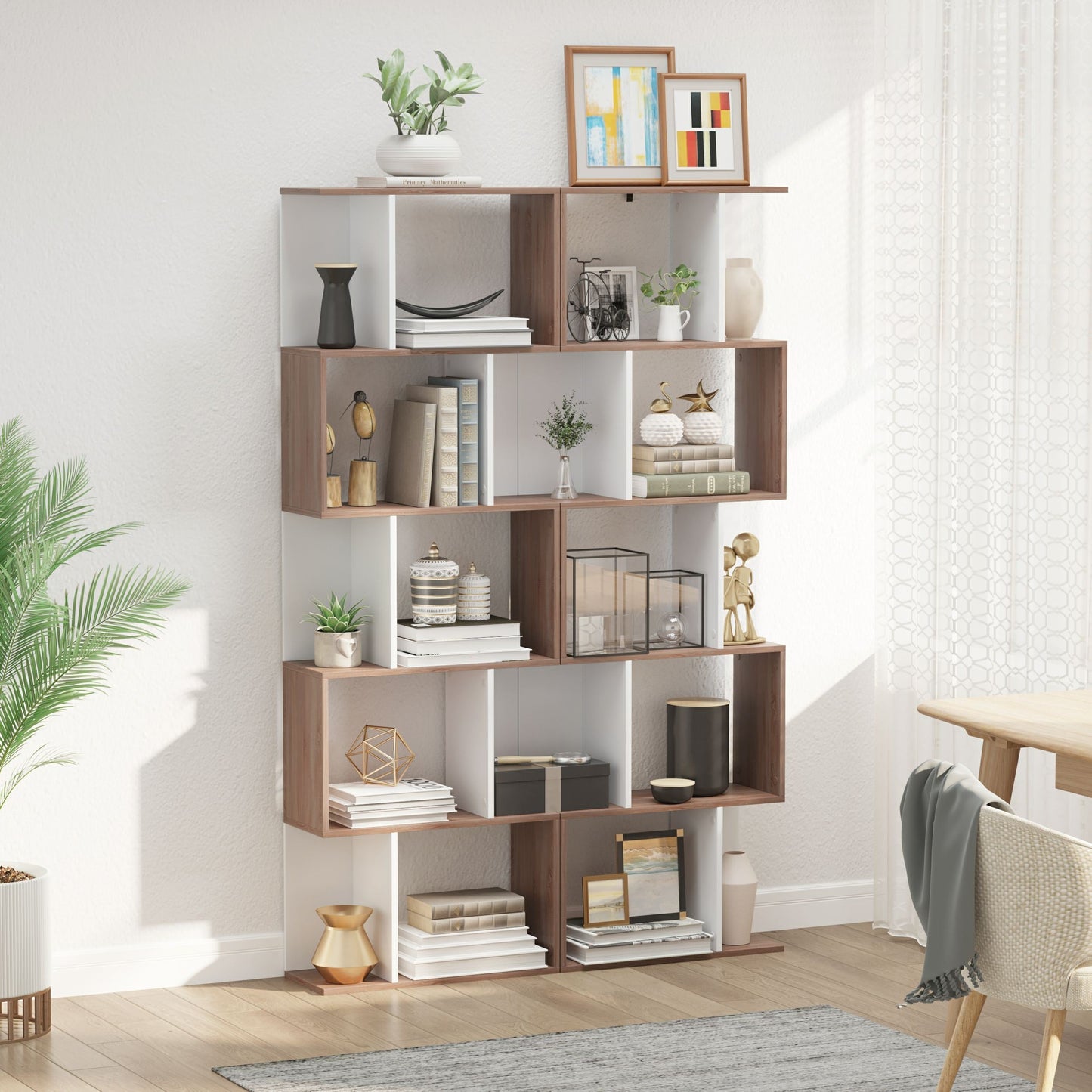 5-tier Bookcase Storage Display Shelving S Shape design Unit Divider Natural