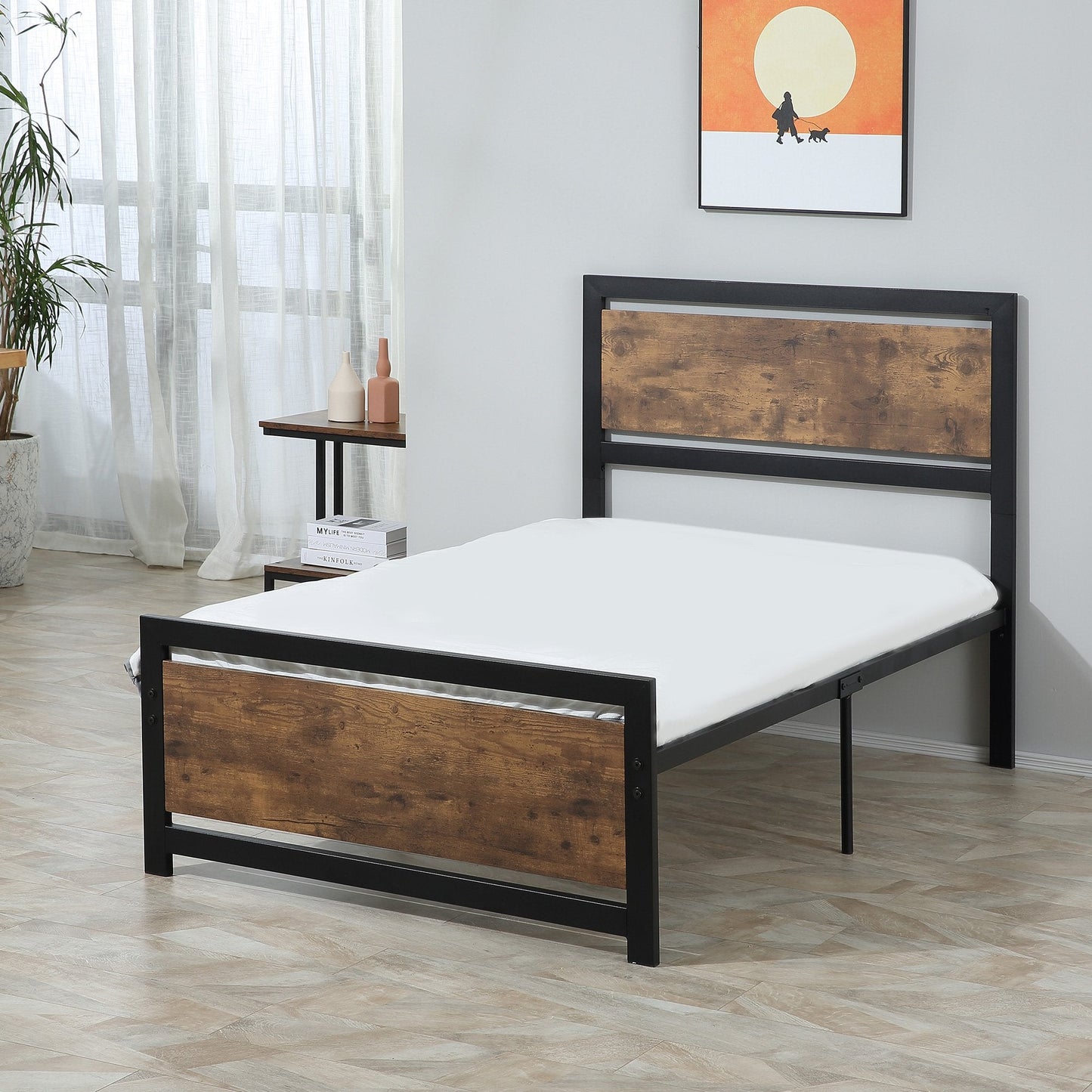 Single Metal Bed Frame Slat Support Bedstead Base w/ Headboard & Footboard