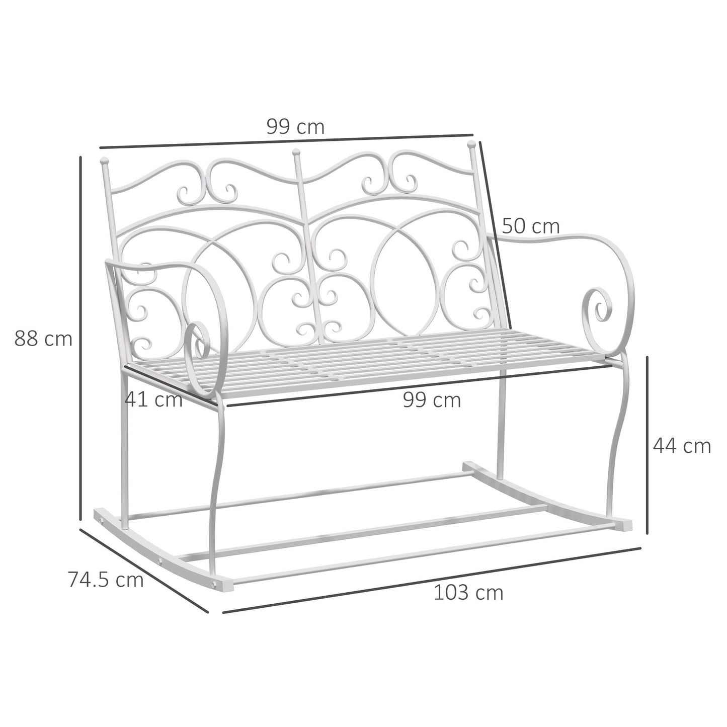 Patio 2 Seater Rocking Bench Steel Garden Outdoor Garden Loveseat Chair With Decorative Backrest White