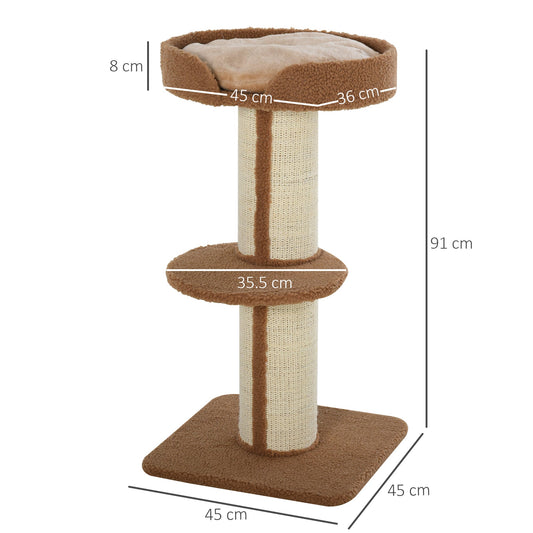 PawHut 91cm Cat Tree for Indoor Cats Kitten Activity Center Play Tower Perches Sisal Scratching Post Lamb Cashmere Brown