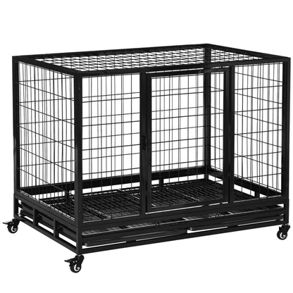 PawHut 43" Heavy Duty Metal Dog Crate Pet Cage with Tray Wheeled Dog Kennel - Black Large