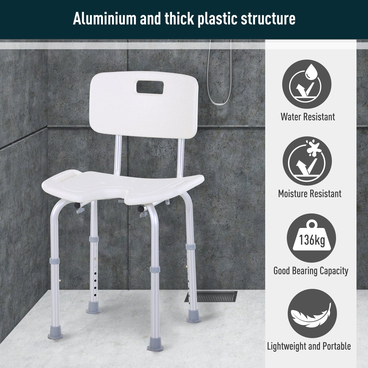 Aluminium Alloy Adjustable Shower Stool - White