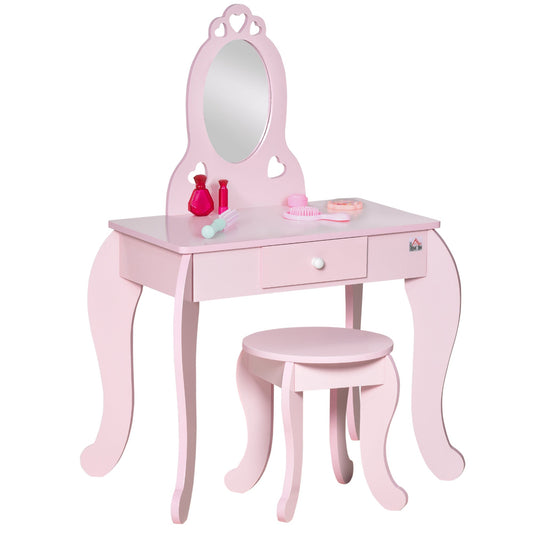 Kids Vanity Table & Stool Girls Dressing Set Make Up Desk Chair Dresser Play Set with Mirror Pink