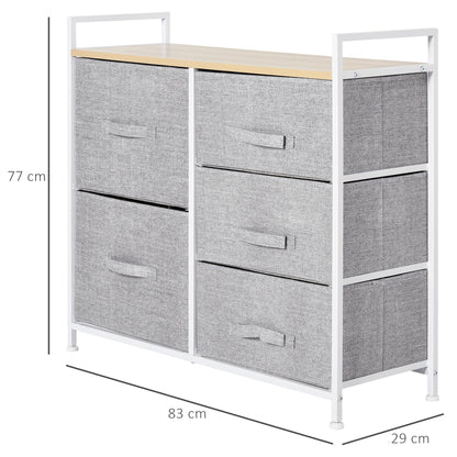 5 Drawer Linen Basket Storage Unit Home Organisation w/ Shelf Handles Metal Frame Adjustable Feet Hallway Home Dresser Grey