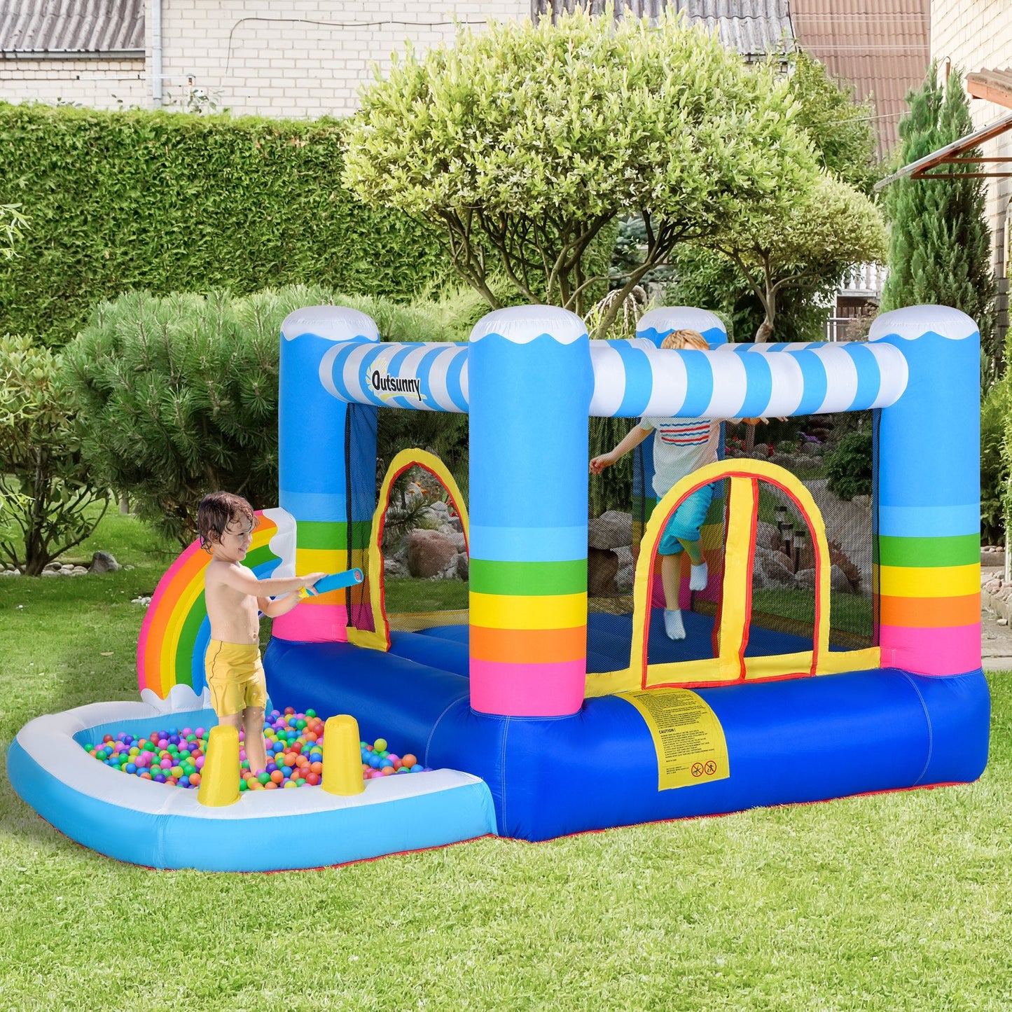 Kids Rainbow Bouncy Castle & Pool House Inflatable Trampoline w/ Blower Pump Outdoor Play Garden Activity Exercise Fun 3-8 Years 2.8 x 1.7 x 1.55m