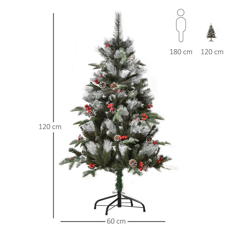 4FT Artificial Snow Dipped Christmas Tree Xmas Pencil Tree with Foldable Feet Red Berries White Pinecones