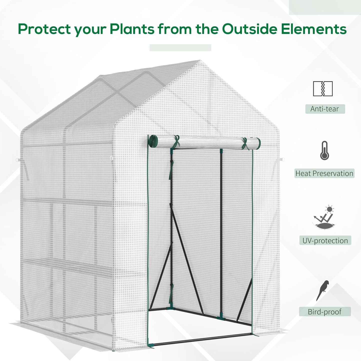 Greenhouse for Outdoor w/ 2 Tier Shelf Roll-Up Zippered Door PE Cover Green