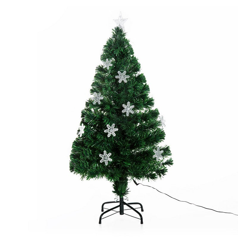 Homcom 4FT Green Fibre Optic Artificial Christmas Tree Xmas Colourful LED Scattered Tree with Snowflakes Ornaments Fireproofing