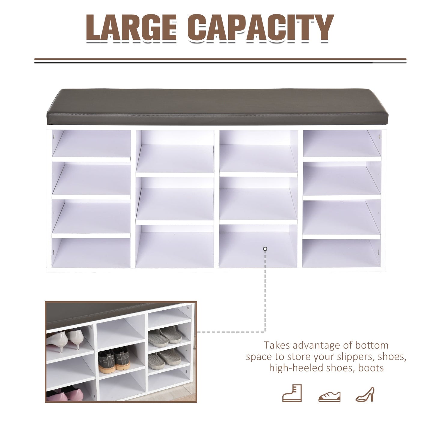 Multi-Storage Shoe Rack w/ 14 Compartments Cushion Moving Shelves Solid Frame Foot Pads Home Office Tidy Organisation Boots Trainers White