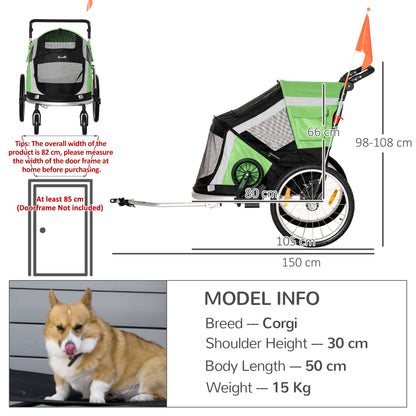 PawHut Dog Bike Trailer 2-in-1 Pet Stroller for Large Dogs Cart Foldable Bicycle Carrier Aluminium Frame with Safety Leash Hitch Coupler Reflector Flag Green