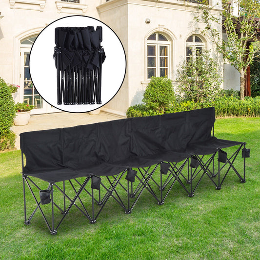 Football 6 Seater Folding Sports Bench Outdoor Picnic Camping Portable Spectator Chair Steel Frame w/ Cup Holder & Carry Bag - Black