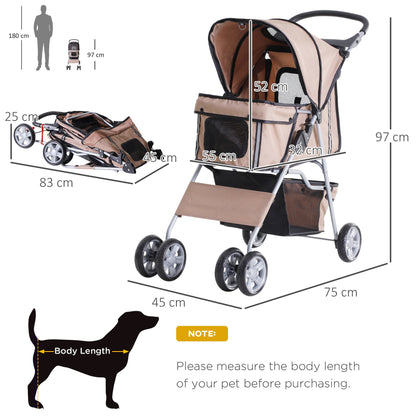 PawHut Oxford Cloth Foldable Dog Stroller Pushchair Pet Trolley w/ Zipper Entry-Brown/Silver