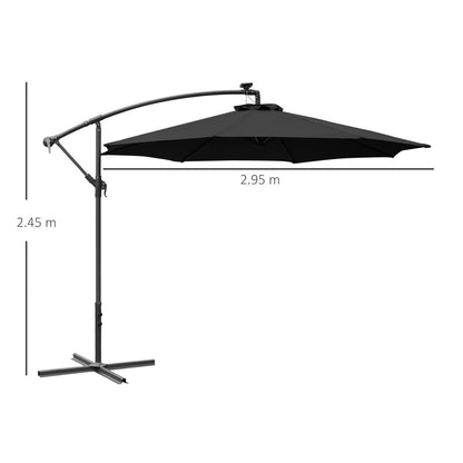 3m LED Patio Banana Umbrella Cantilever Parasol w/ Crank Cross Base Hanging Offset Umbrella Frame Steel Aluminium Garden Table Outdoor Black