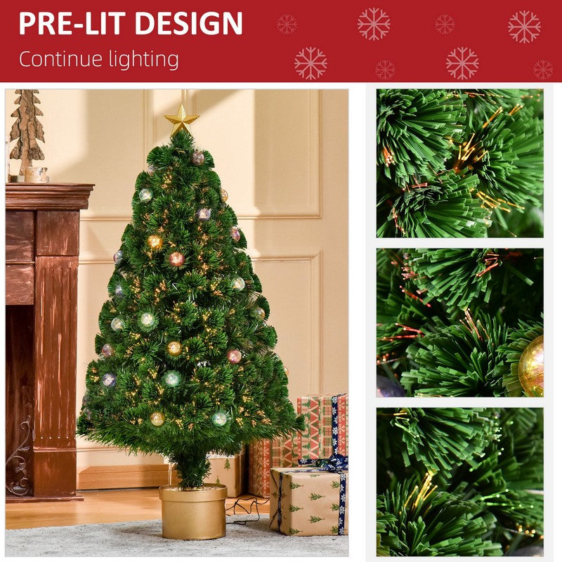 Homcom 4FT Prelit Artificial Christmas Tree Fiber Optic Holiday Home Xmas Indoor Decoration with Golden Stand Green