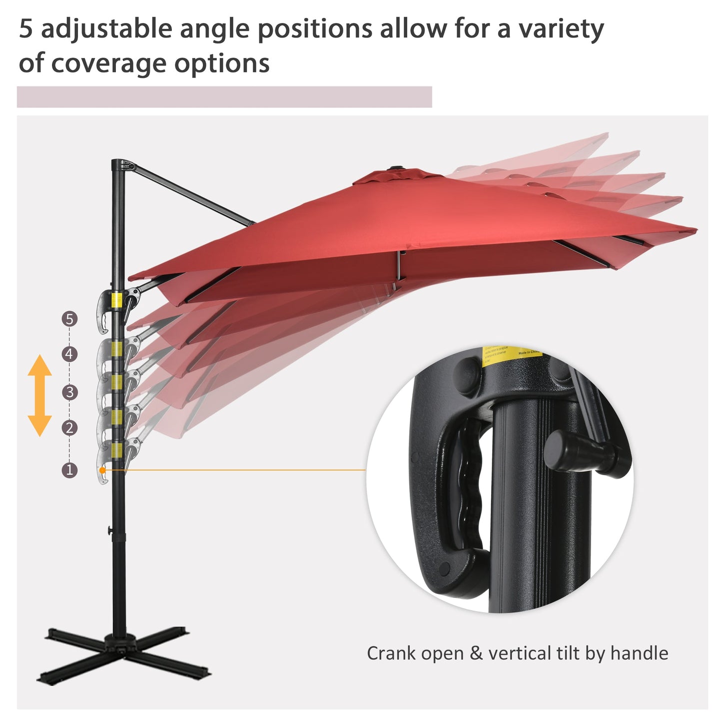 2.5 x 2.5m Patio Offset Parasol Umbrella Cantilever Hanging Aluminium Sun Shade Canopy Shelter 360° Rotation with Crank Handle and Cross Base