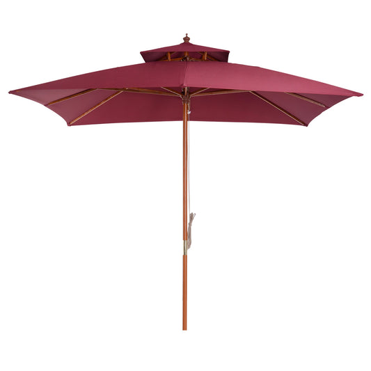 3 x 3 meter Patio Parasol Garden Umbrellas Sunshade Outdoor Wood Wooden Parasol Canopy Double Tier Wine Red