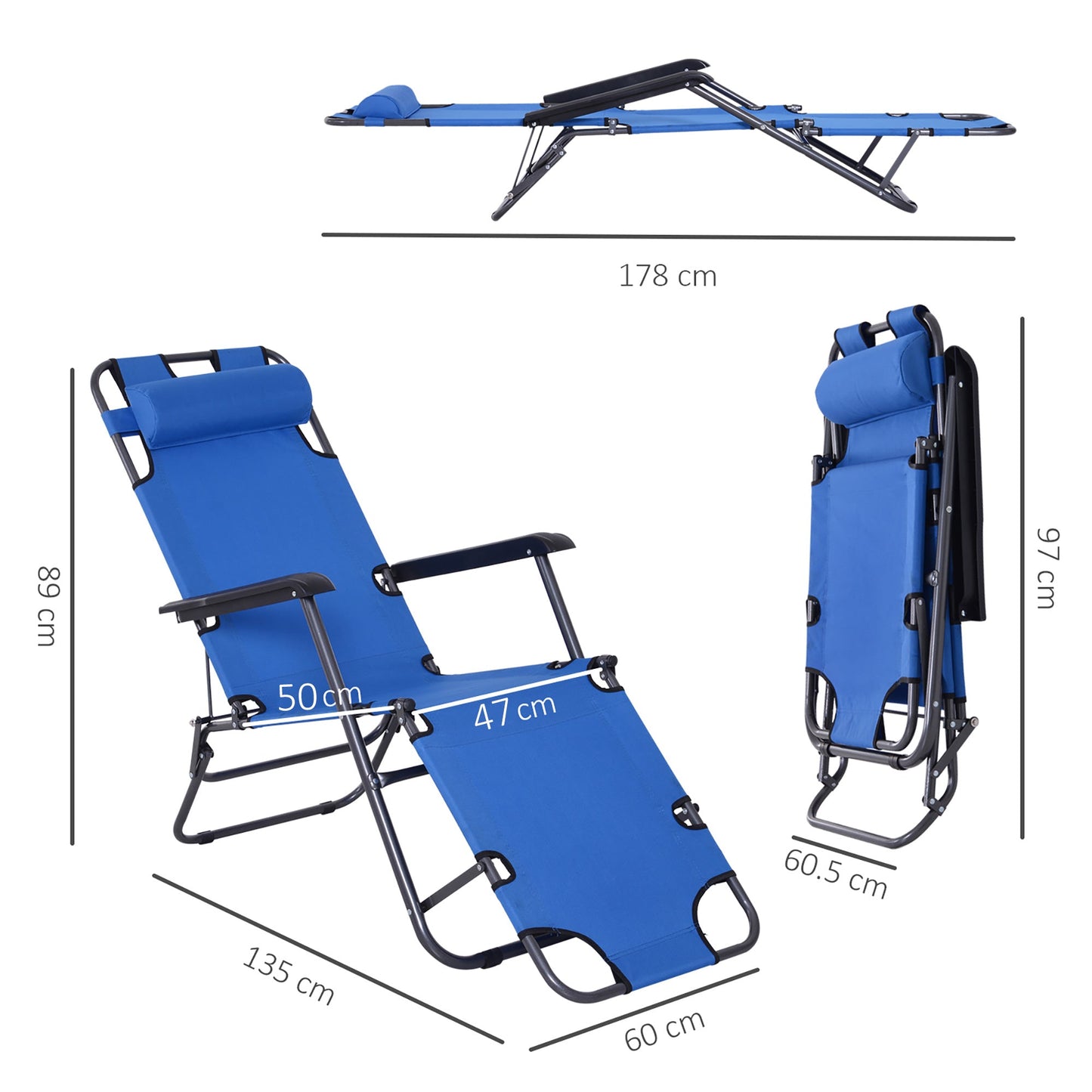 2 in 1 Sun Lounger Folding Reclining Chair Garden Outdoor Camping Adjustable Back with Pillow Blue