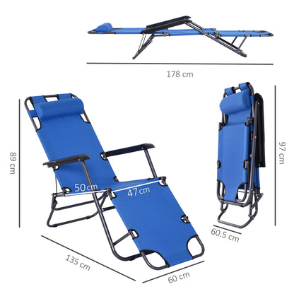 2 in 1 Sun Lounger Folding Reclining Chair Garden Outdoor Camping Adjustable Back with Pillow Blue