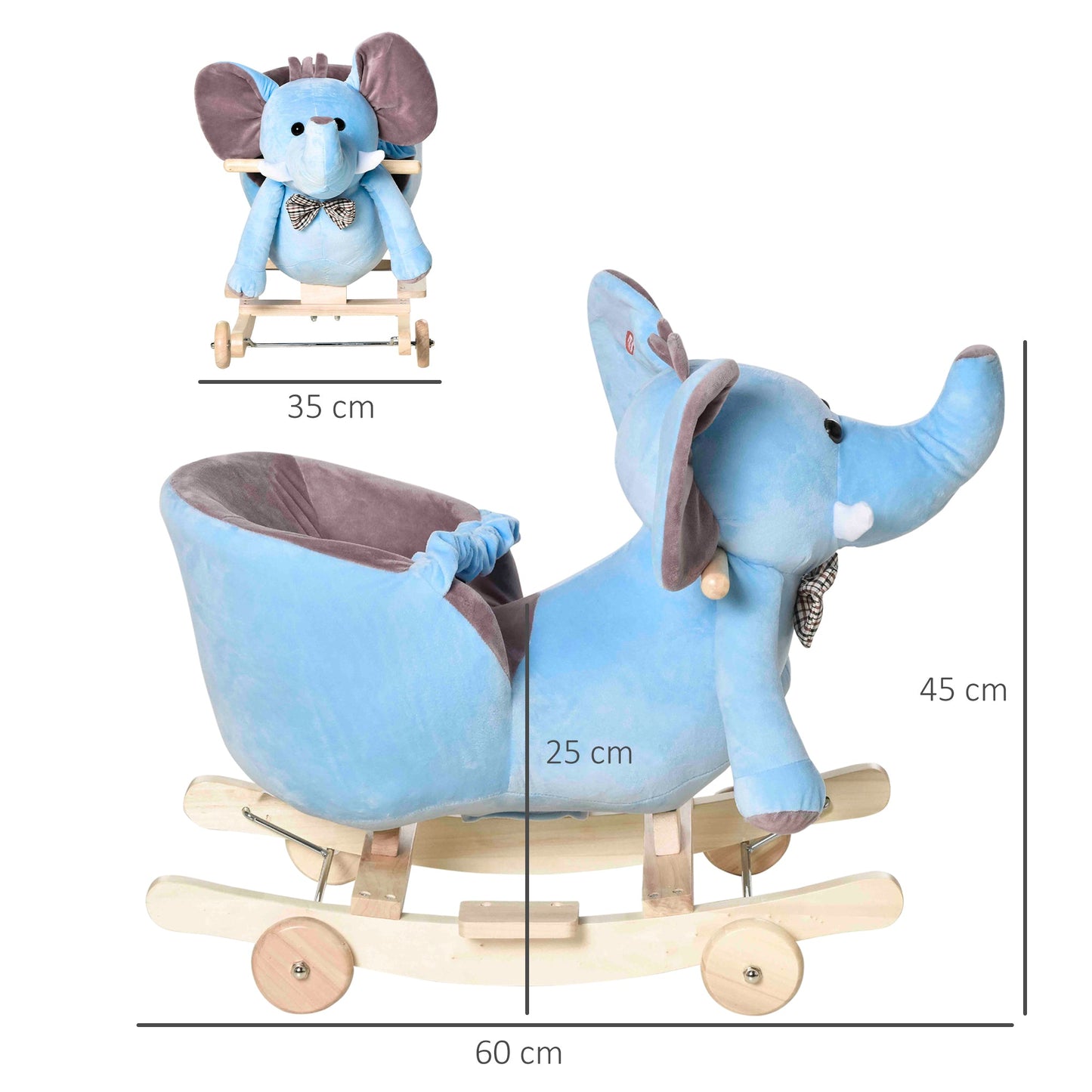 Homcom 2 In 1 Plush Baby Ride On Rocking Horse Elephant Rocker With Wheels Wooden Toy For Kids 32 Songs (Blue)