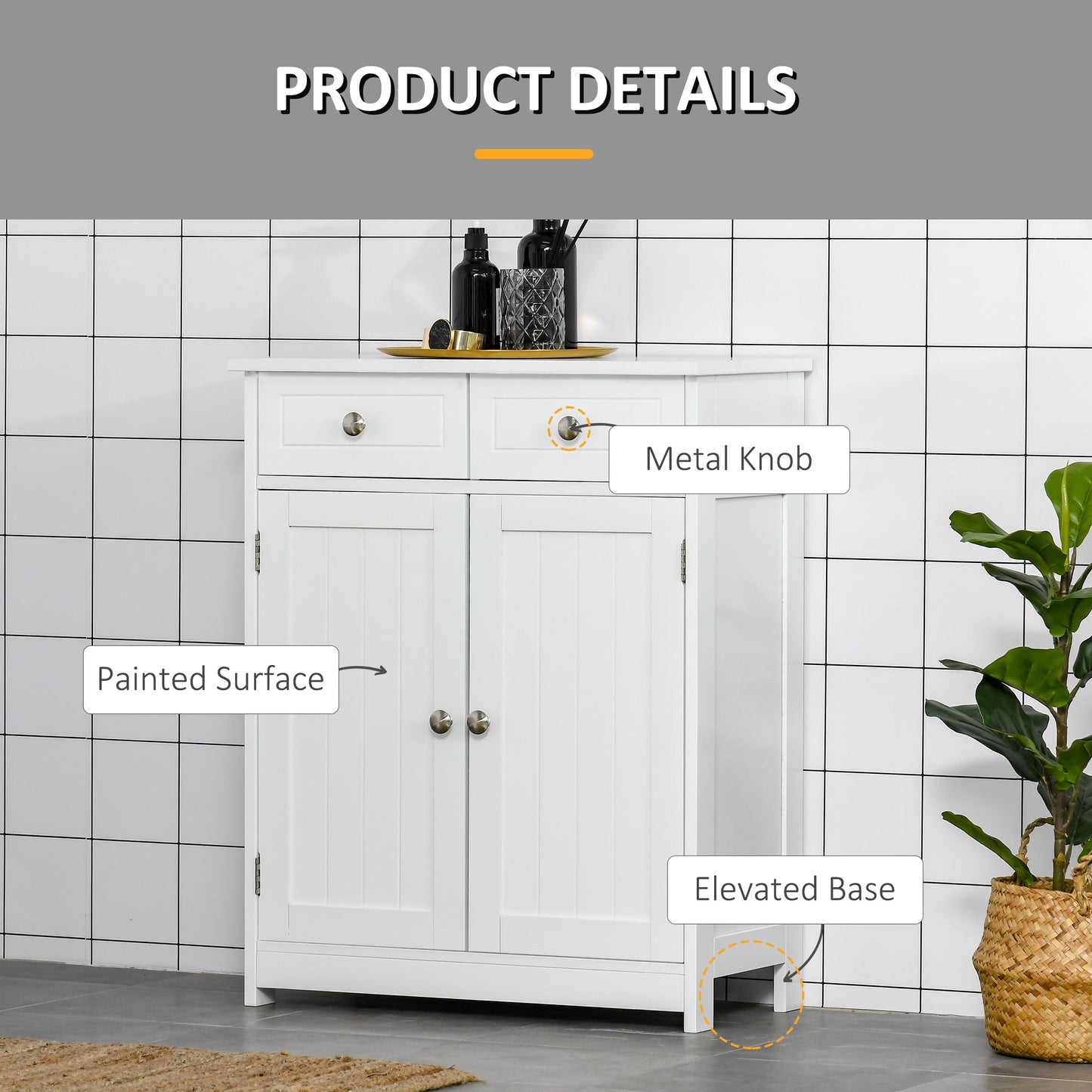 kleankin 75x60cm Freestanding Bathroom Storage Cabinet Unit w/ 2 Drawers Cupboard Adjustable Shelf Metal Handles Traditional Style White