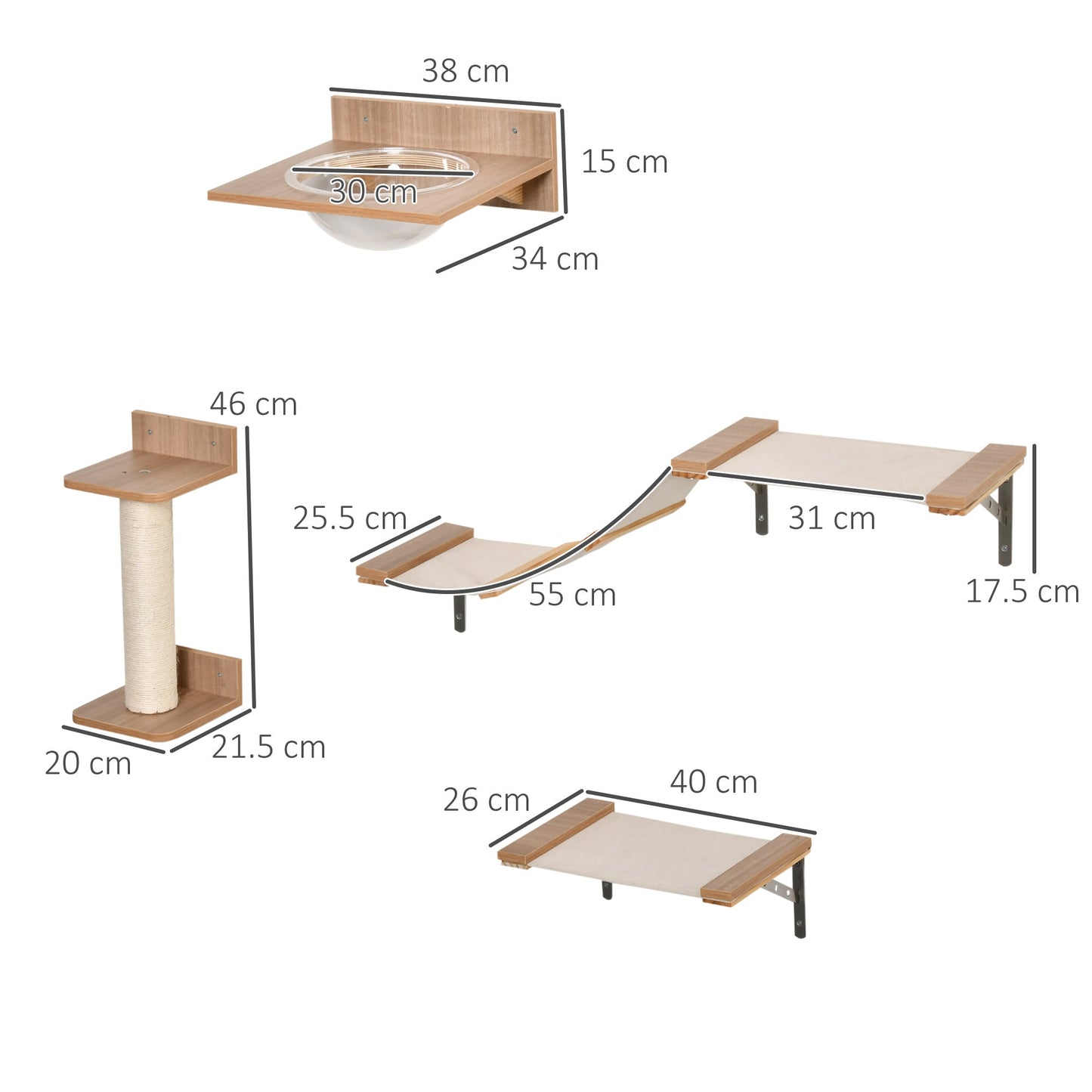 PawHut Cat Tree 4-Piece Wall-mounted Shelf Set Climbing Frame Activity Center