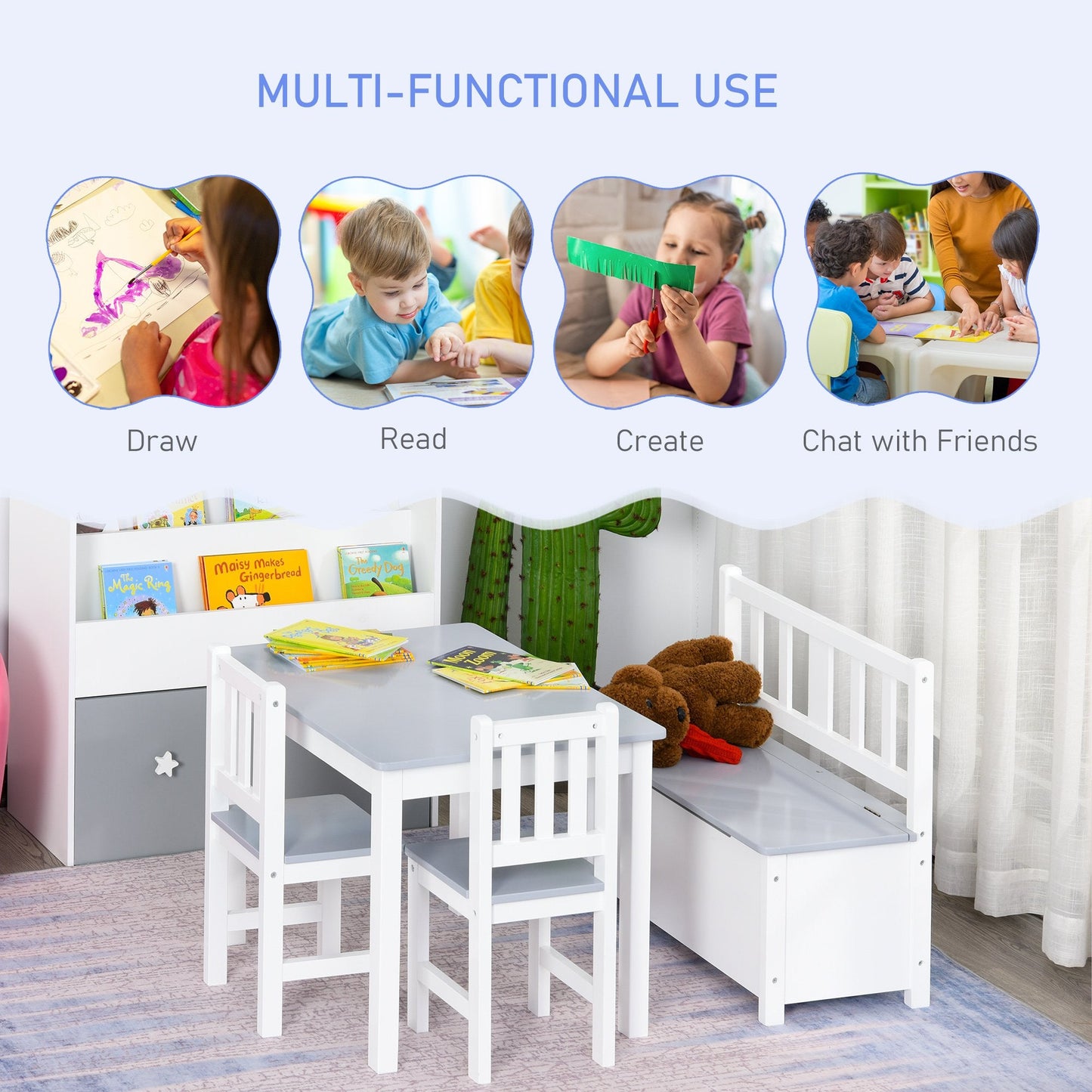 4-Piece Kids Table and Chair Set with 2 Wooden Chairs