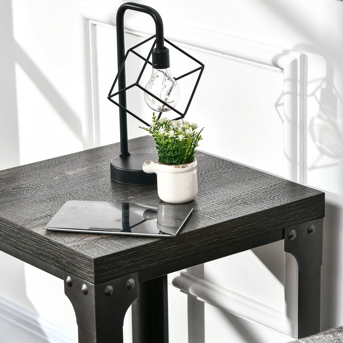 Industrial Side Table Set of 2 with Storage Shelf