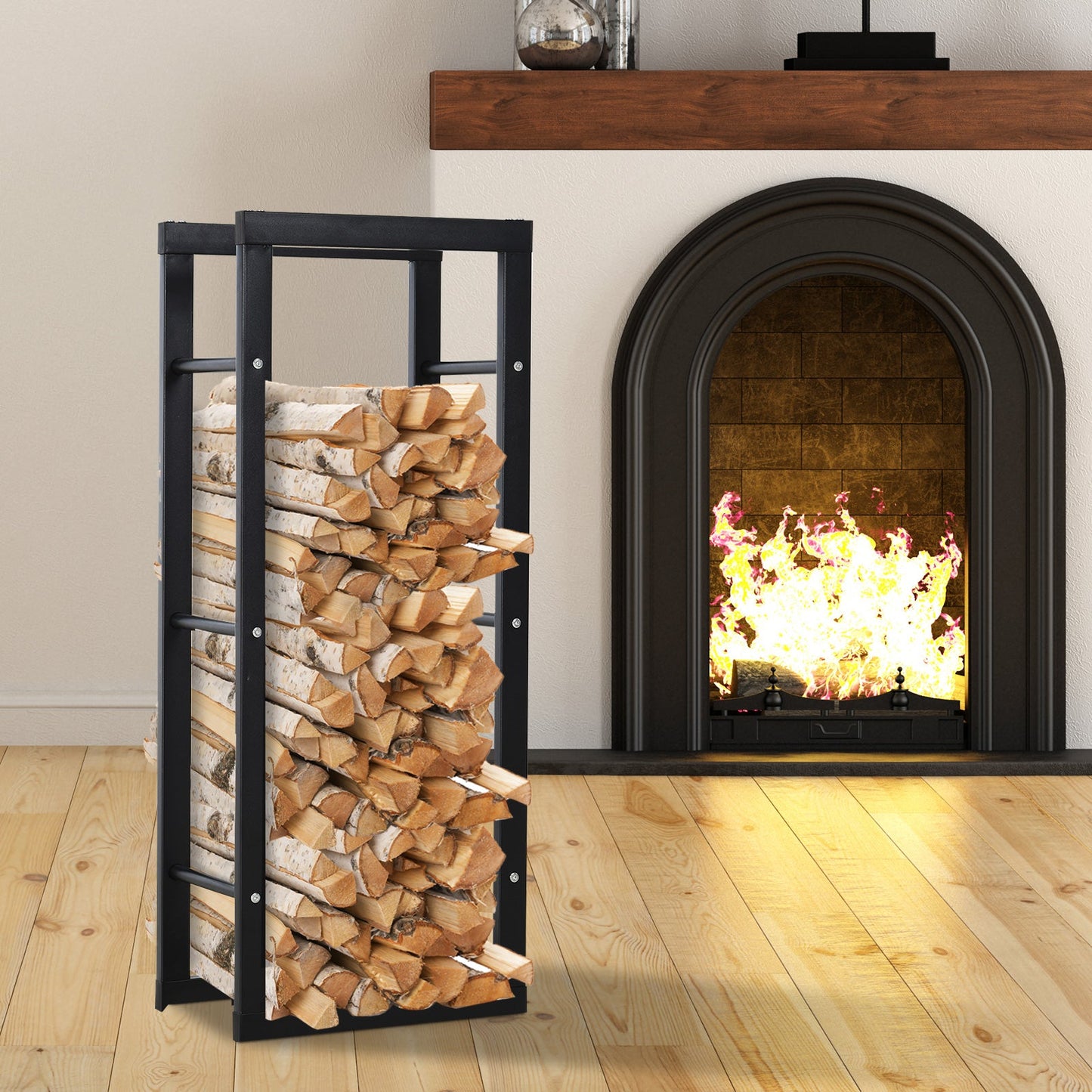 Metal Firewood Log Holder Tall Firewood Rack Indoor Outdoor Fireplace Wood Storage Shelf with Side Rails