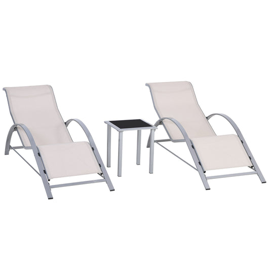 3-Pieces Lounge Chair Set Metal Frame Garden Outdoor Recliner Sunbathing Chair with Table