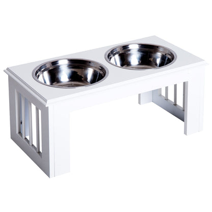 PawHut Stainless Steel Raised Dog Feeding Bowls with Stand for Small Medium Dogs Elevated Twin Pet Bowls Water Food Feeder 58.4L x 30.5W x 25.4H cm - White