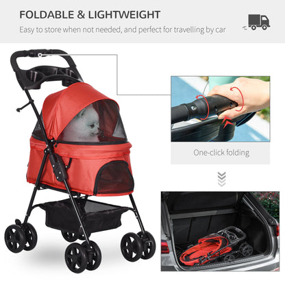 PawHut Dog Stroller Pet Cat Travel Pushchair One-Click Fold Trolley Jogger with EVA Wheels Brake Basket Adjustable Canopy Safety Leash for Small Dogs