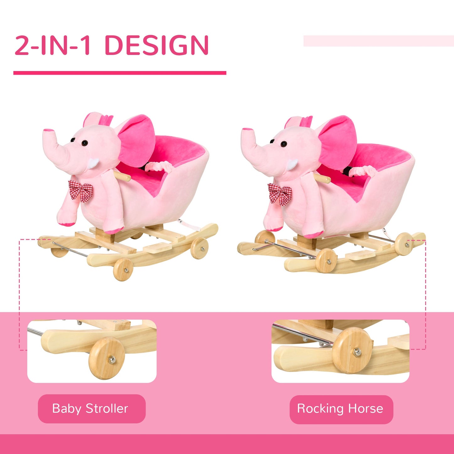 2 In 1 Plush Baby Ride on Rocking Horse Elephant Rocker with Wheels Wooden Toy for Kids 32 Songs Pink